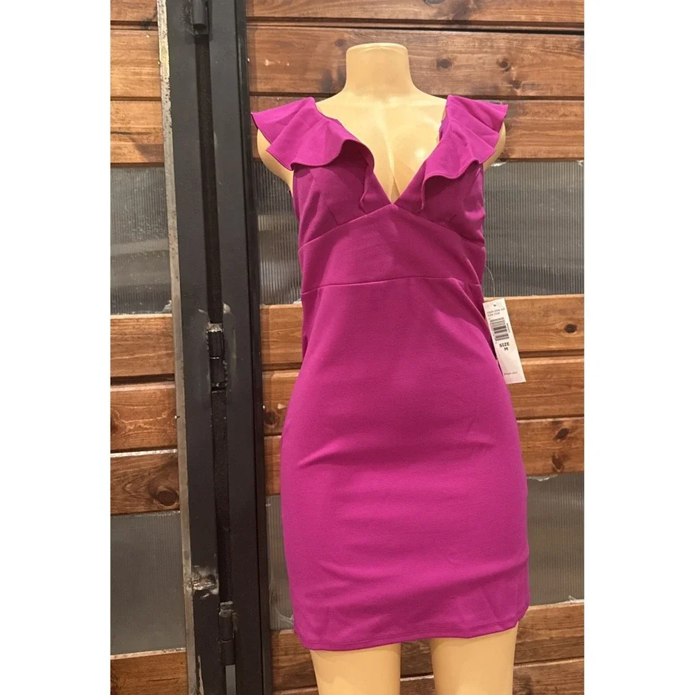 NWT $79 Jump Apparel Magenta V Neck Ruffle sleeveless Cocktail  Dress size M